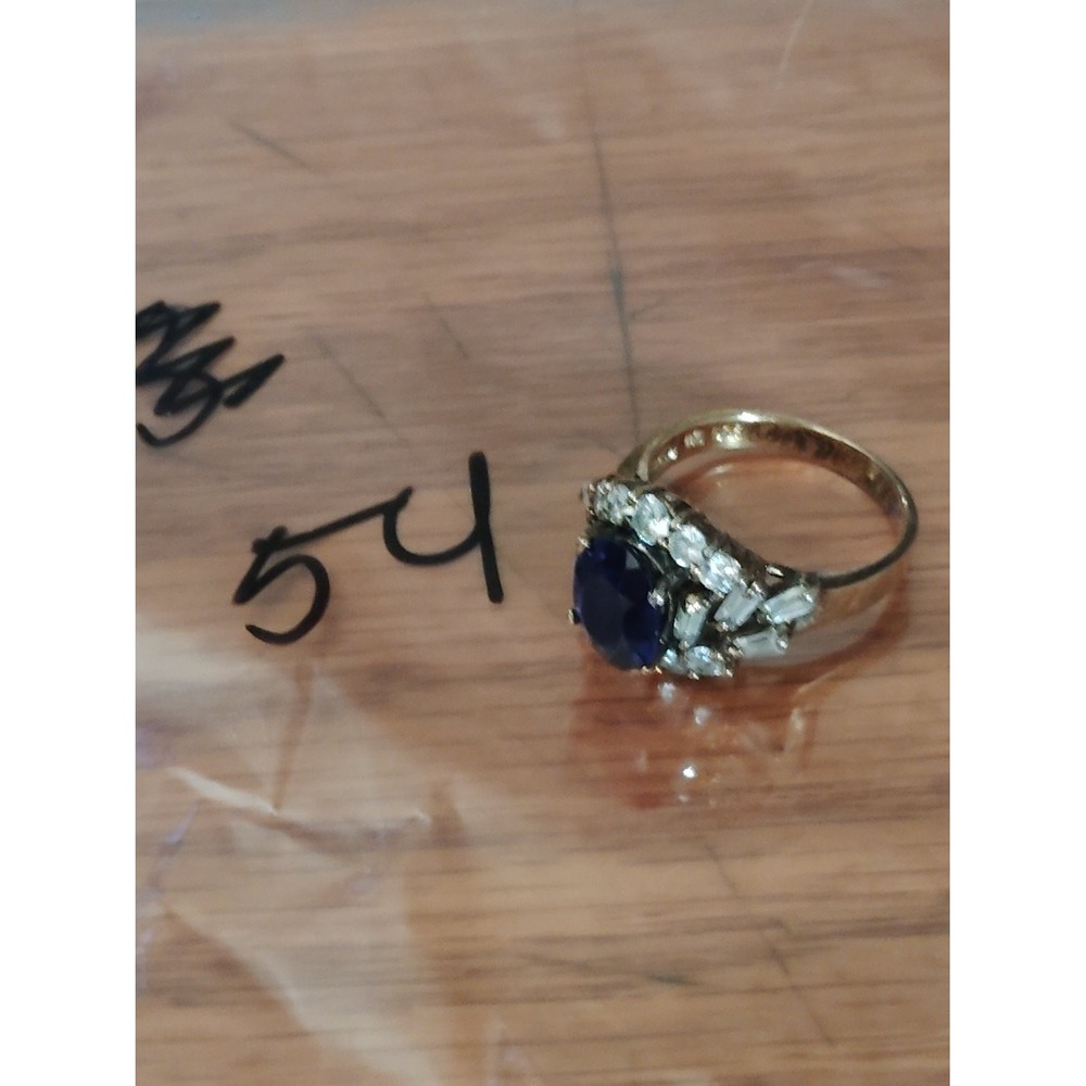 925 Sterling Silver Gold Vermeil Blue Sapphire CZ Cocktail Ring Size 8 Womens